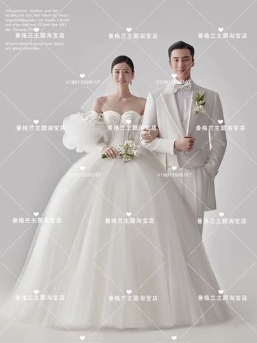 Новое платье темы фильма на выставке, Фотография фотографии, корейская простота пузырьковая рукава хвост свадебная пара фото обслуживание