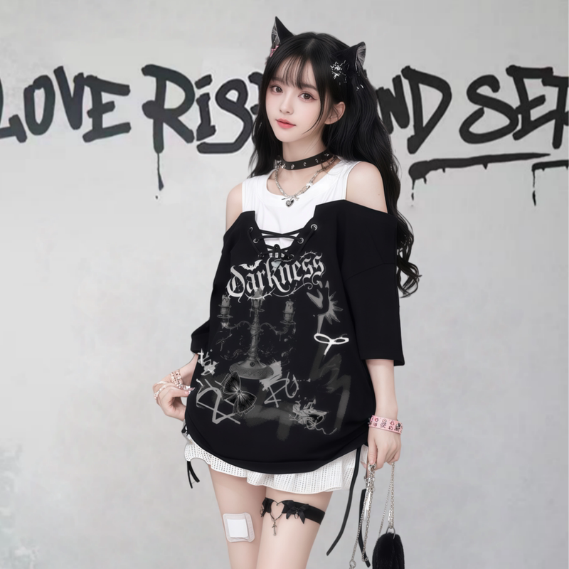 Subculture Bow-Tie Strap Off-Shoulder Short-Sleeve T-Shirt for Women, Summer American Style, Loose and Slimming, Y2K Hot Girl Top, Fake Two-Piece