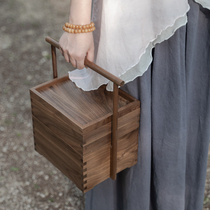  Nine rooms original black walnut single-layer double-layer carrying box portable tea box storage box wooden tea carrying box basket