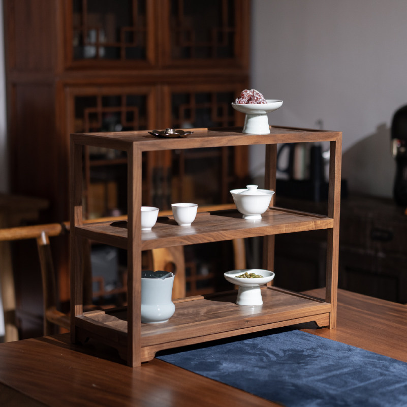 New Chinese solid wood desktop porcelain rack double-layer storage rack black walnut tea room decoration tea furniture storage rack