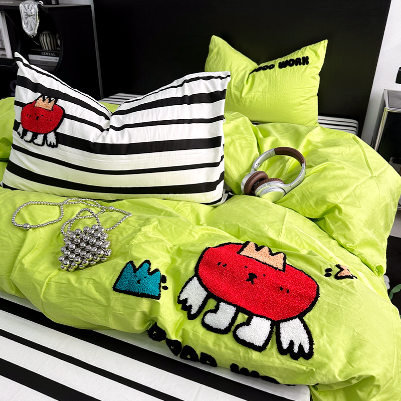 Hanada Xiaoxi All-Cotton Cartoon Towel Embroidery Four-Piece Set Pure Cotton Bedding Bed Sheet Duvet Cover Dormitory Three-Piece Set 4