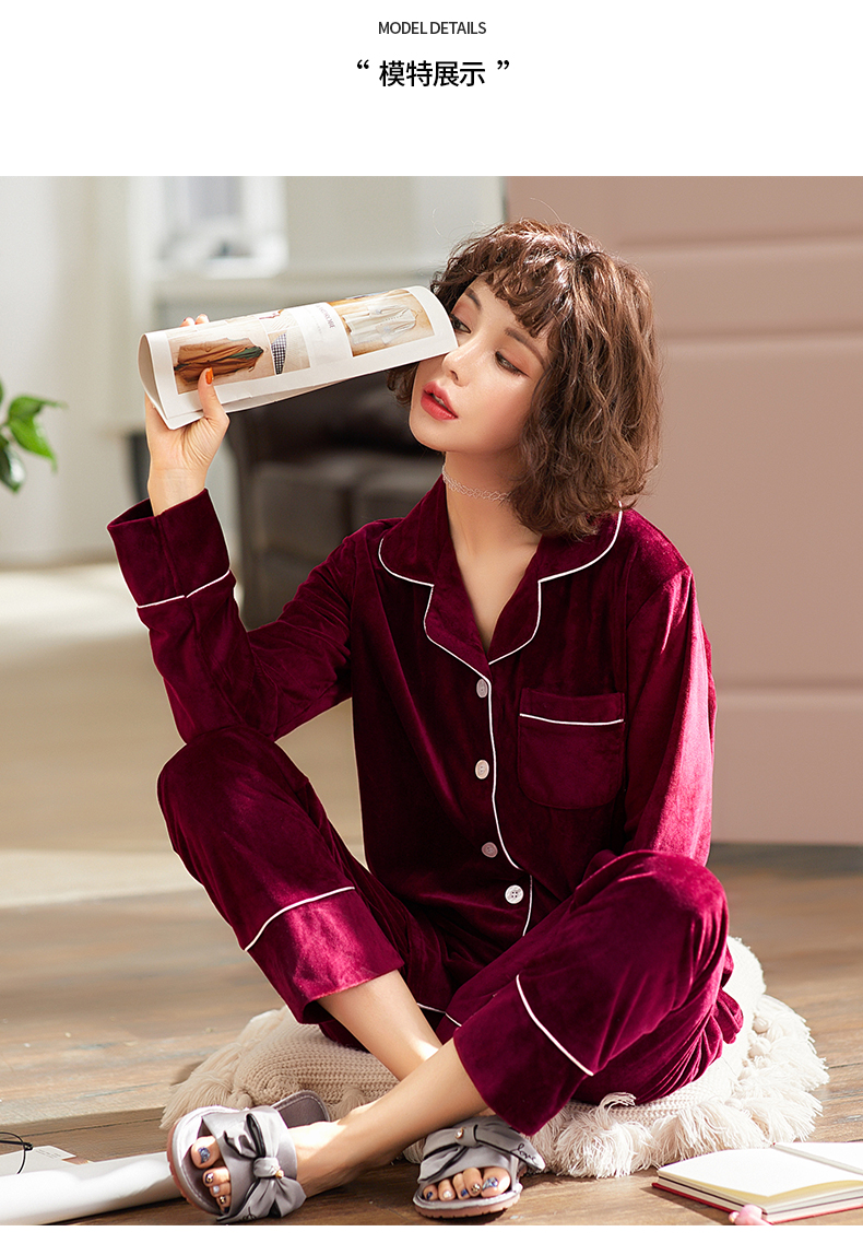 Đồ ngủ nhung vàng của phụ nữ mùa thu và mùa đông dài tay nhung mỏng kích thước lớn lỏng đơn giản rắn màu nhung dịch vụ nhà phù hợp với mùa xuân và mùa thu - Cặp đôi bộ đồ ngủ