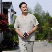 Chinese style linen short-sleeved mens summer leisure retro Hanfu loose V-collar Tang suit dad cotton linen suit summer
