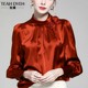 Heavy French handmade flower stand collar silk satin shirt mulberry silk lantern long sleeve sunset orange top women