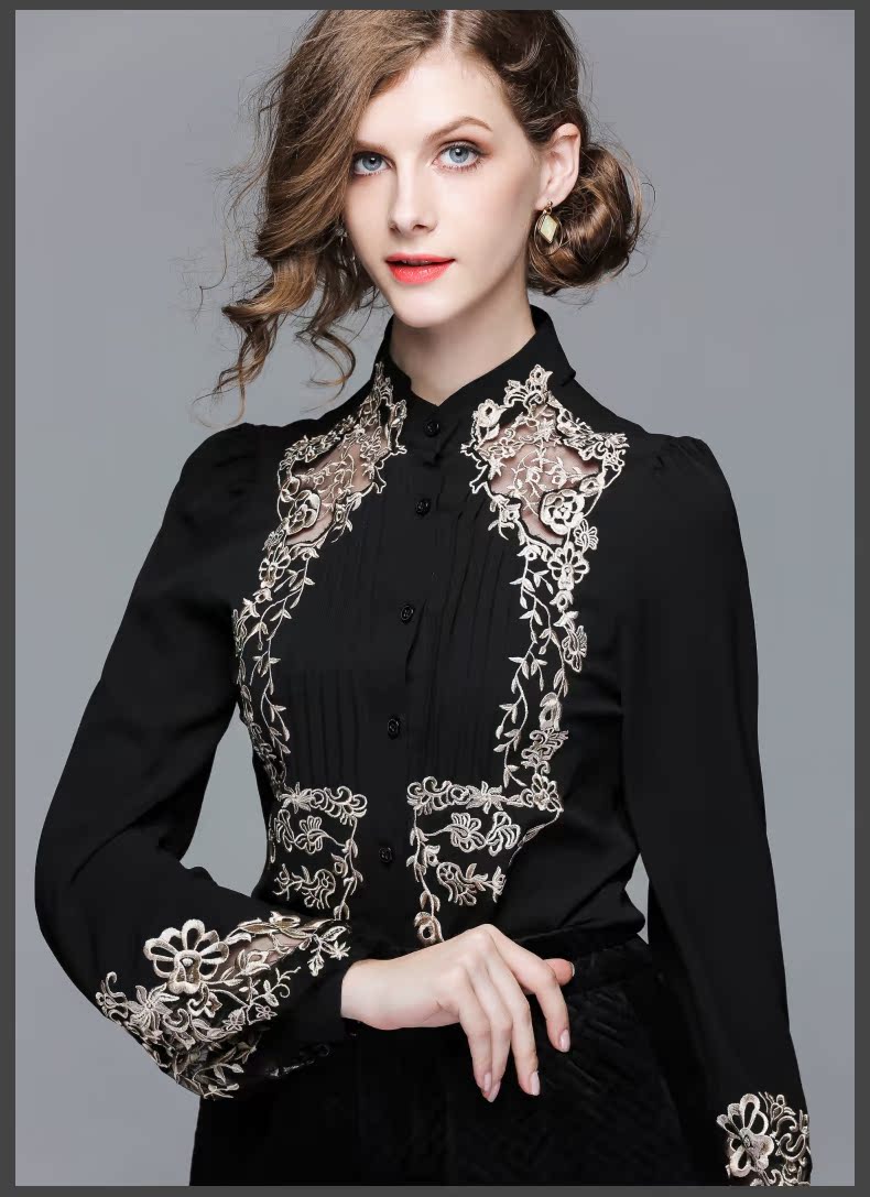 Di Hao 2018 xuân hè mới retro cổ áo đứng gợi cảm xếp li thêu tay dài khoét đáy áo đen một mảnh áo vest nữ
