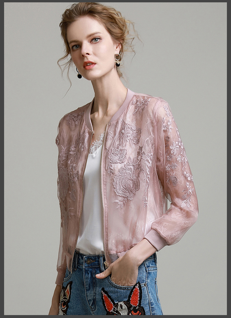 Phụ nữ tuyệt đẹp organza ren openwork thêu lụa dâu lụa áo khoác ngắn đồng phục bóng chày áo khoác mùa hè và mùa thu shop áo khoác nữ hàn quốc