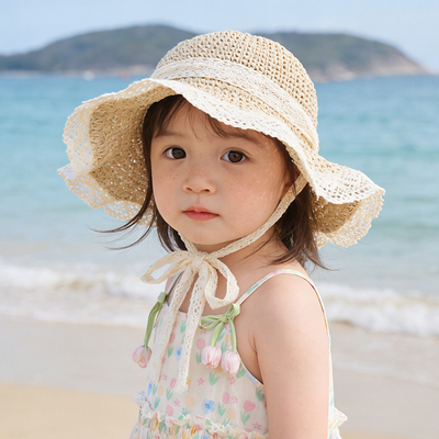 Girls' Straw Hats, Kidsren's Hats, Summer Hand-Knitted Baby Sun Protection Hats, Sun Hats, Lace-Edged Beach Hats, Family Matching Hats — 1