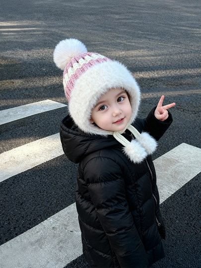 Children's hats in autumn and winter, big children's woolen hats, girls' knitted hats, thickened and warm baby ear protection hats, boys' fashionable hats