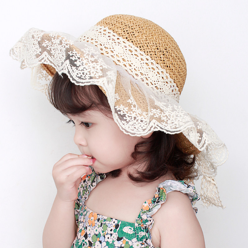 Girl grass hat Summer baby sunscreen hat children hat sunhat hat Han version lace princess hat sunscreen hat spring autumn