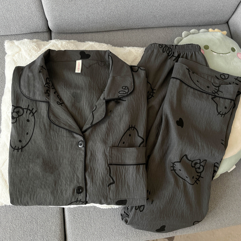 Black and Gray Cat Pajamas for Women, Spring, Autumn and Summer, Cloud Pure Cotton Gauze Long-Sleeved Cute Girl Home Wear Set Black and Gray Cat Pajamas for Women, Spring, Autumn and Summer, Cloud Pure Cotton Gauze Long-Sleeved Cute Girl Home Wear Set