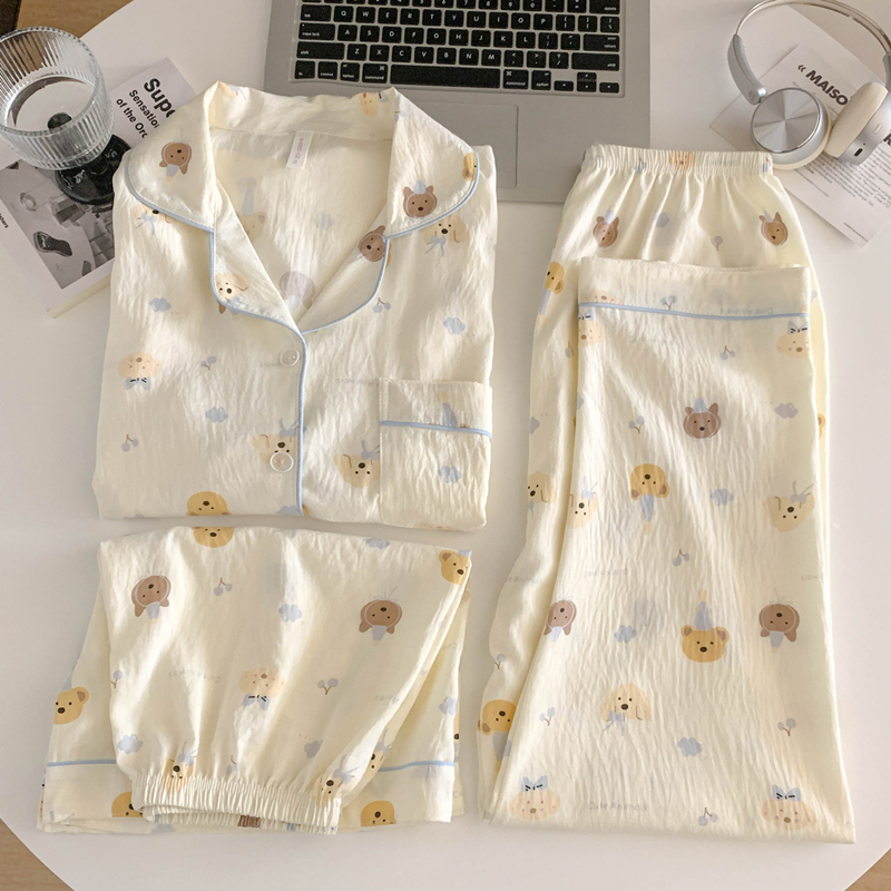 Cute Puppy Cloud Pure Cotton Gauze Pajamas for Women, Summer Short-Sleeved Student Girl Three-Piece Set, Home Wear That Can Be Worn Outside