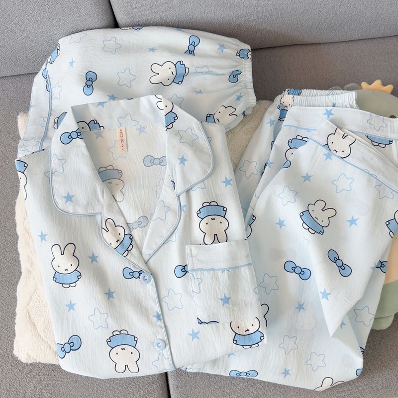 Japanese-Style Cute Miffy Rabbit Cloud Pure Cotton Gauze Pajamas for Women, Summer 2026 New Short-Sleeve Three-Piece Set Loungewear