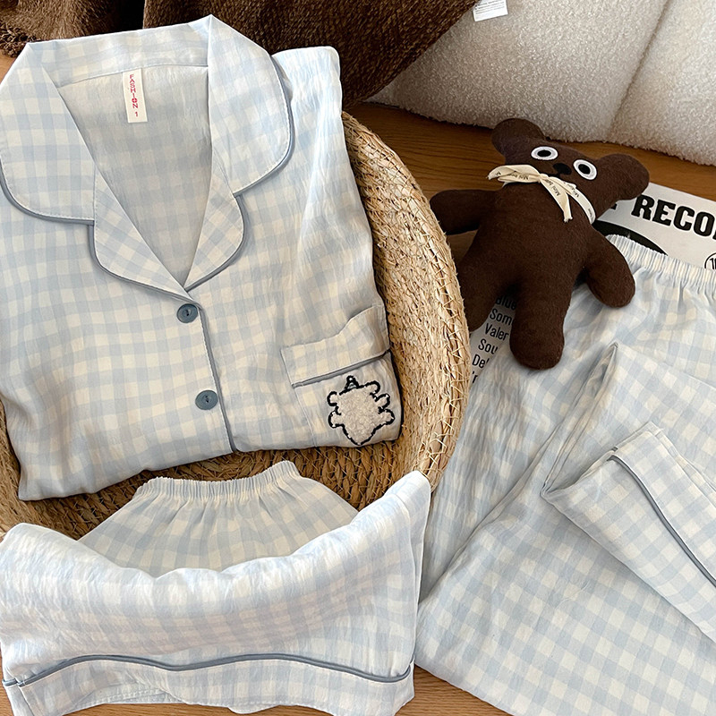 Cute Plaid Puppy Pajamas for Women Summer Pure Cotton Gauze 2026 New Cartoon Short-Sleeved Three-Piece Set Home Wear
