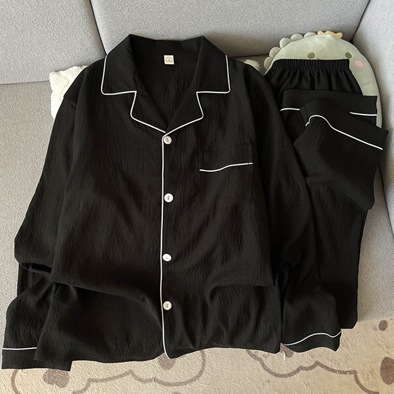 Yunduo Pure Cotton Gauze Men's Pajamas Spring and Autumn Long-Sleeved Simple Black High-End Outerwear Home Wear Summer Set