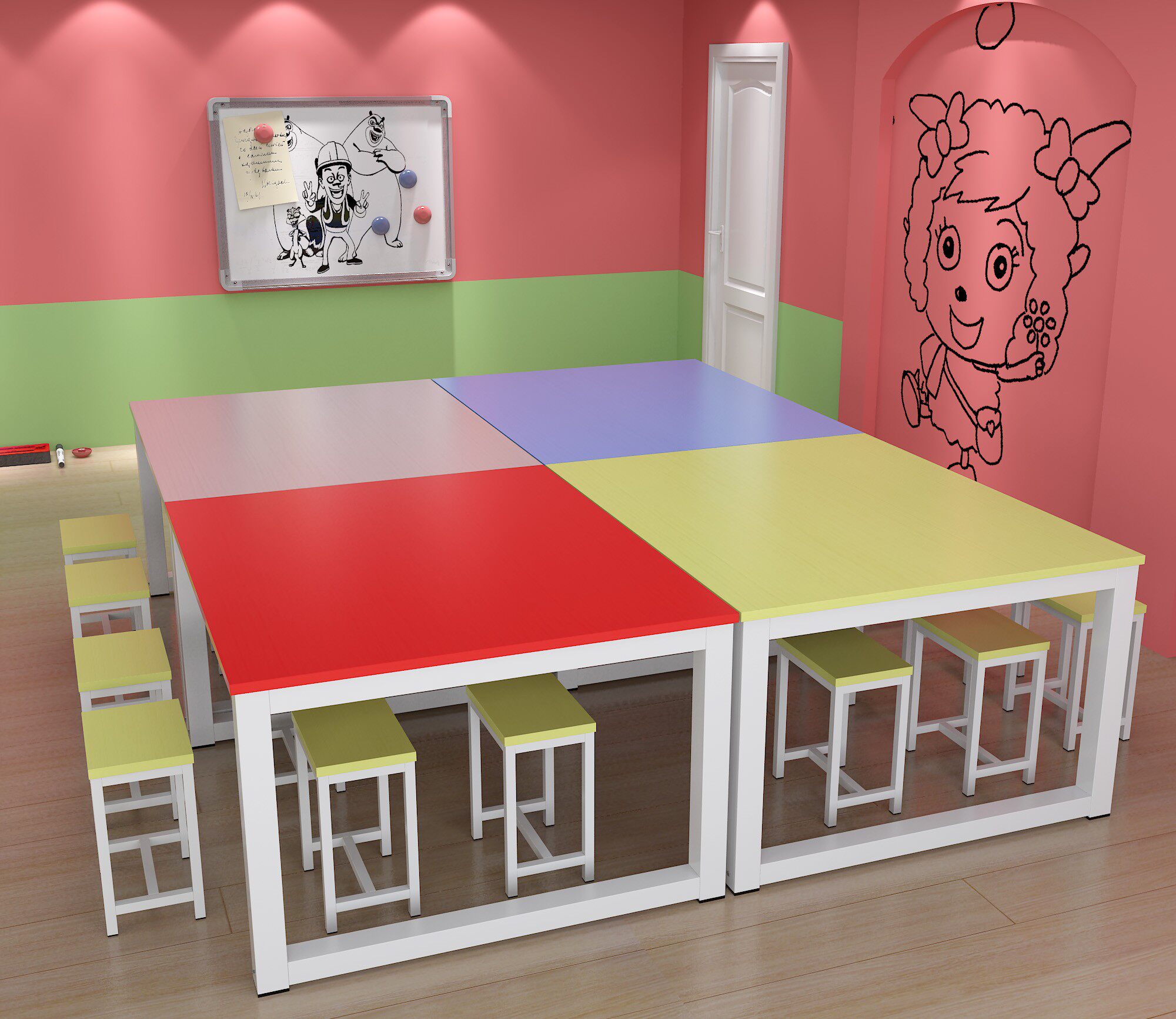 Primary and secondary school desks and chairs benches learning and training institutions table kindergarten long strip art painting color single and double tutoring table