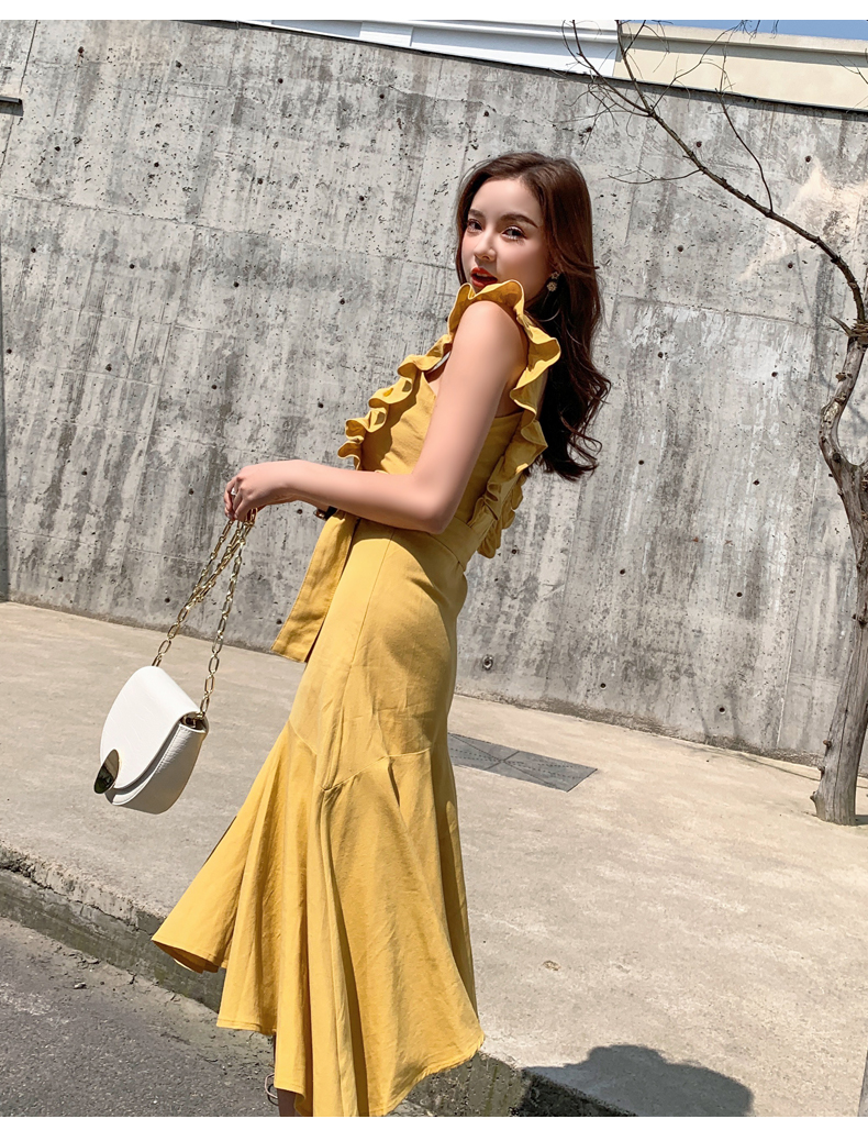 VK旗艦店 韓國風名媛荷葉邊魚尾修身氣質無袖洋裝