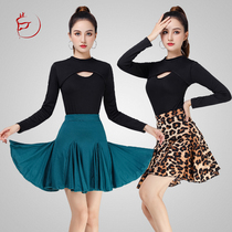 Latin Dancegirl Adult New National Standard Dance Half Swirl Dance Dress Costume Long sleeve Town Black