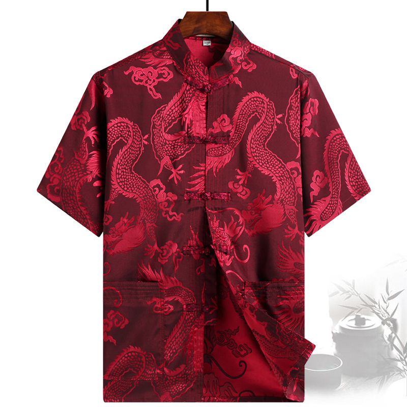 Summer Tang Suit Men's Short-Sleeved Top, Middle-Aged and Elderly Chinese-Style Silk Ethnic Clothing, Button-Down Large Size Shirt, Grandpa Outfit
