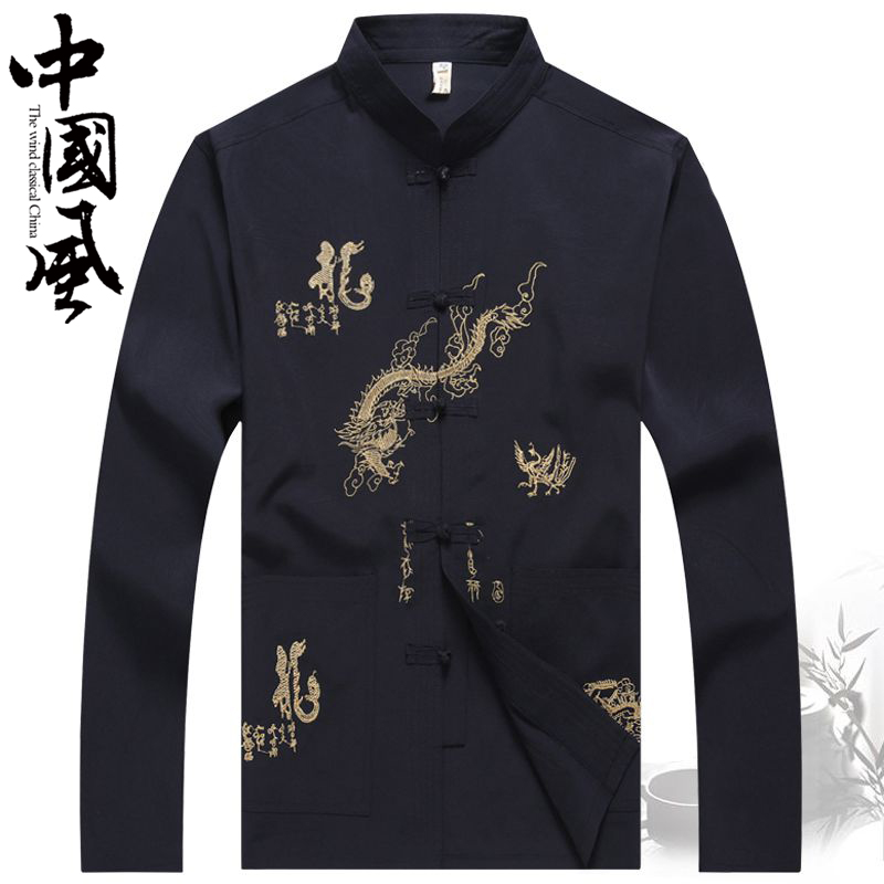Tang suit men's long-sleeved middle-aged and elderly people spring and summer clothes Chinese style dad shirt Chinese style large size grandpa national style Hanfu