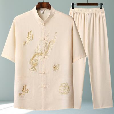 Middle-aged and elderly men's Tang-style summer short-sleeved suits, grandpa's Tai Chi Hanfu, elderly clothes, dad's summer clothes