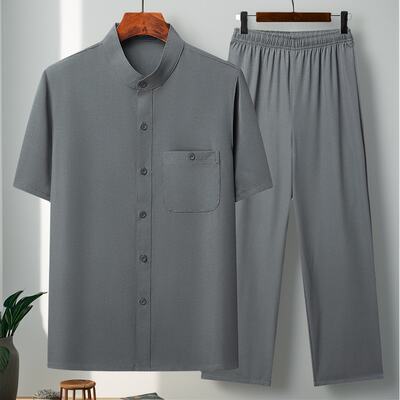 New summer dad's ice silk short-sleeved Tang suit, men's middle-aged and elderly suit, loose grandpa's clothes, Chinese-style men's clothing