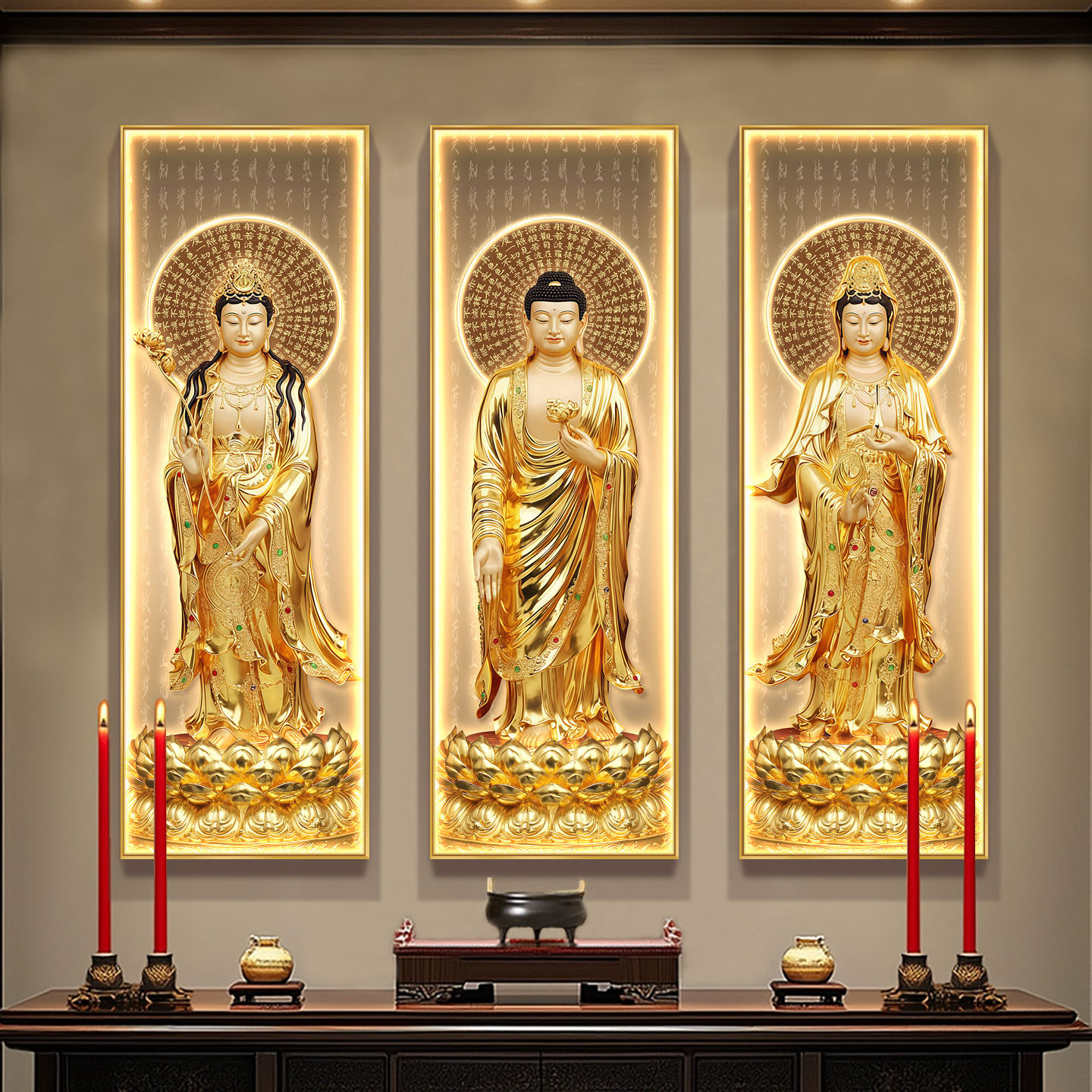 金色西方三聖佛像掛畫心經佛堂家用供奉接引圖裝飾背景牆佛龕壁畫-淘寶