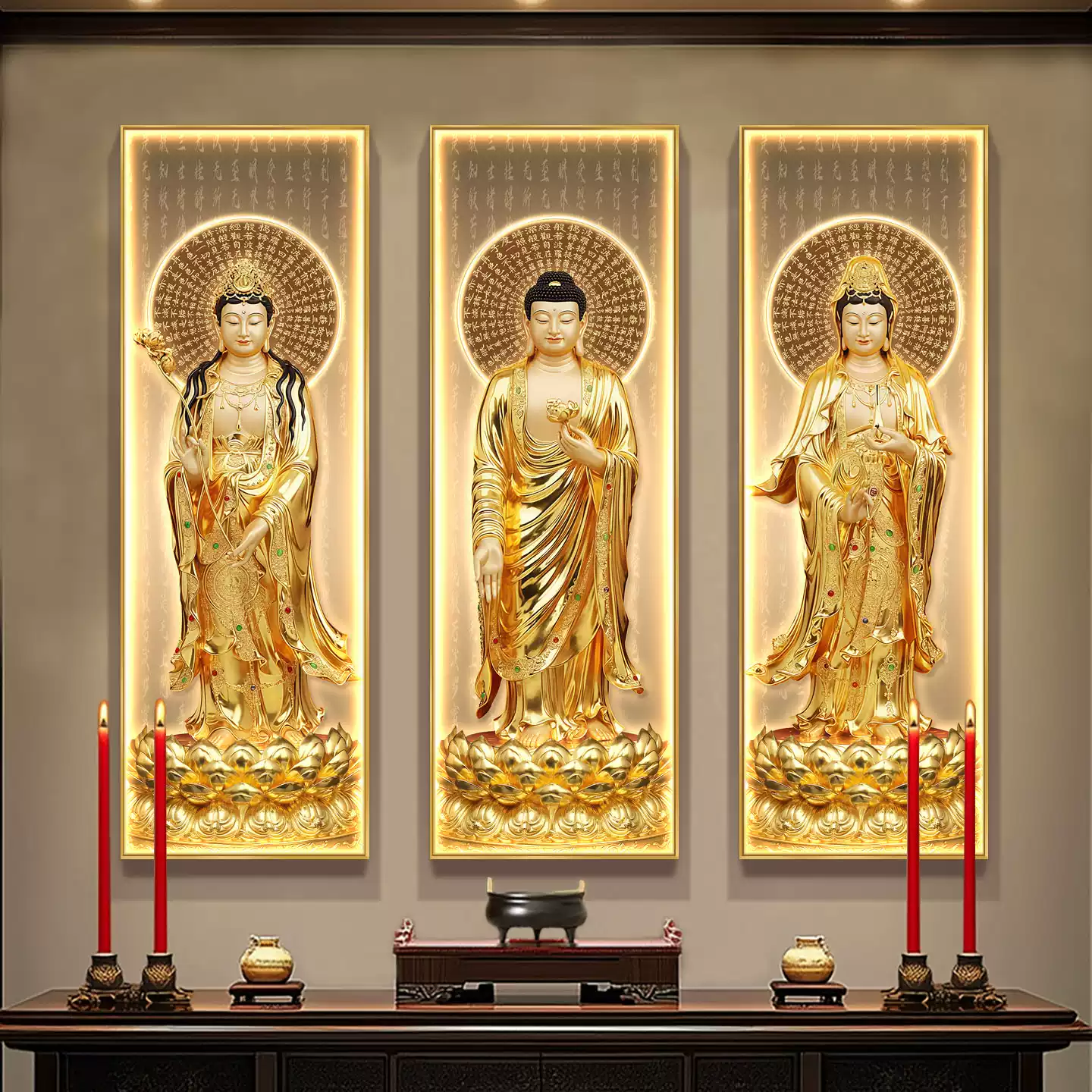金色西方三聖佛像掛畫心經佛堂家用供奉接引圖裝飾背景牆佛龕壁畫-淘寶