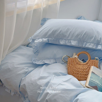 Korean style small lace~cream blue solid color pure cotton 1.5m cotton sheet fitted sheet four-piece double bedding set can be customized