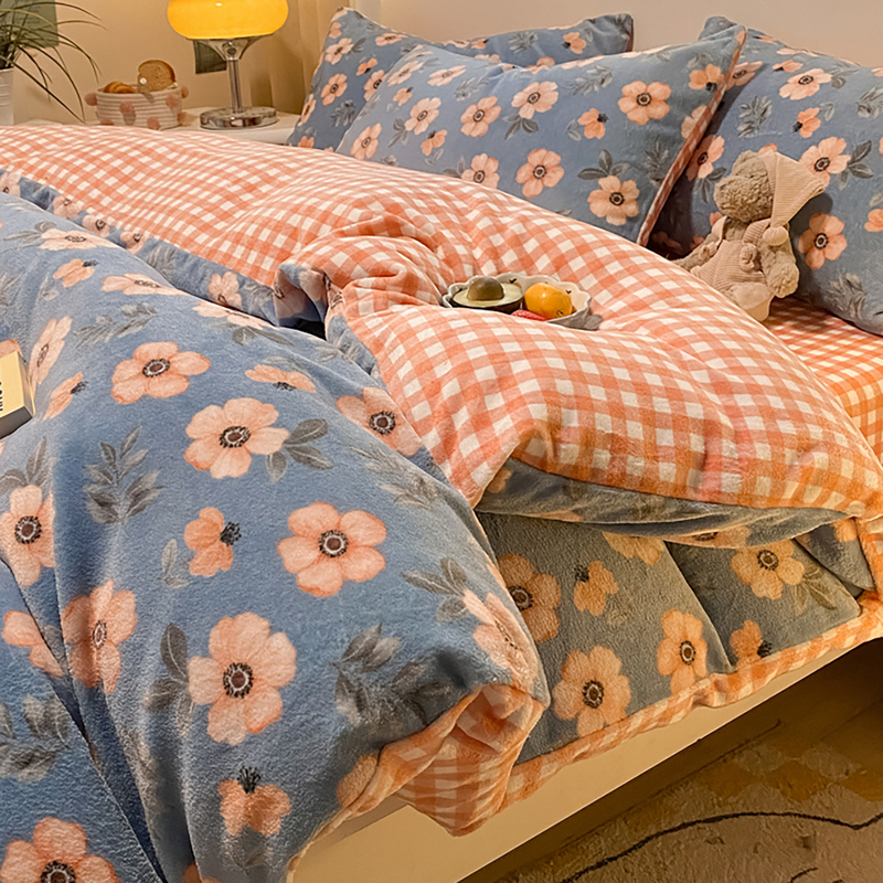 Fresh and Simple Double-Sided Coral Milk Velvet Bedding Four-Piece Set, Winter Thickened Flannel Duvet Cover, Fleece-Lined Bed Sheet, Fitted Sheet Fresh and Simple Double-Sided Coral Milk Velvet Bedding Four-Piece Set, Winter Thickened Flannel Duvet Cover, Fleece-Lined Bed Sheet, Fitted Sheet