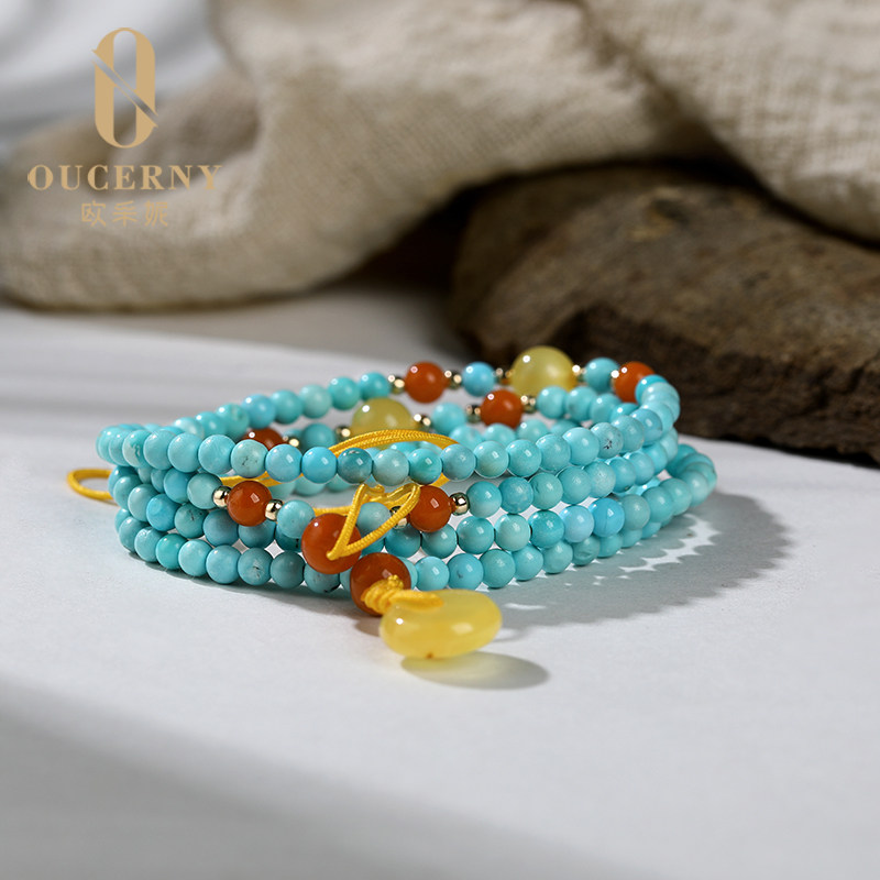 Oucini natural beeswax handstrings for men and women with original stone chain turquoise Amber round beads