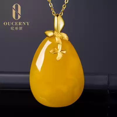 Natural amber beeswax water drop pendant wax necklace women's 18K gold choker accessories sweater refining men's pendant