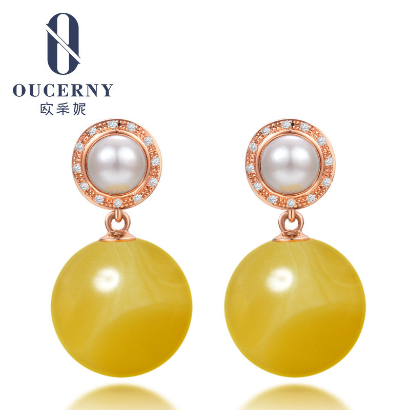 Eugenie natural amber earrings 18k gold inlaid chanterelle yellow beeswax drop earrings full of honey beads earrings female models