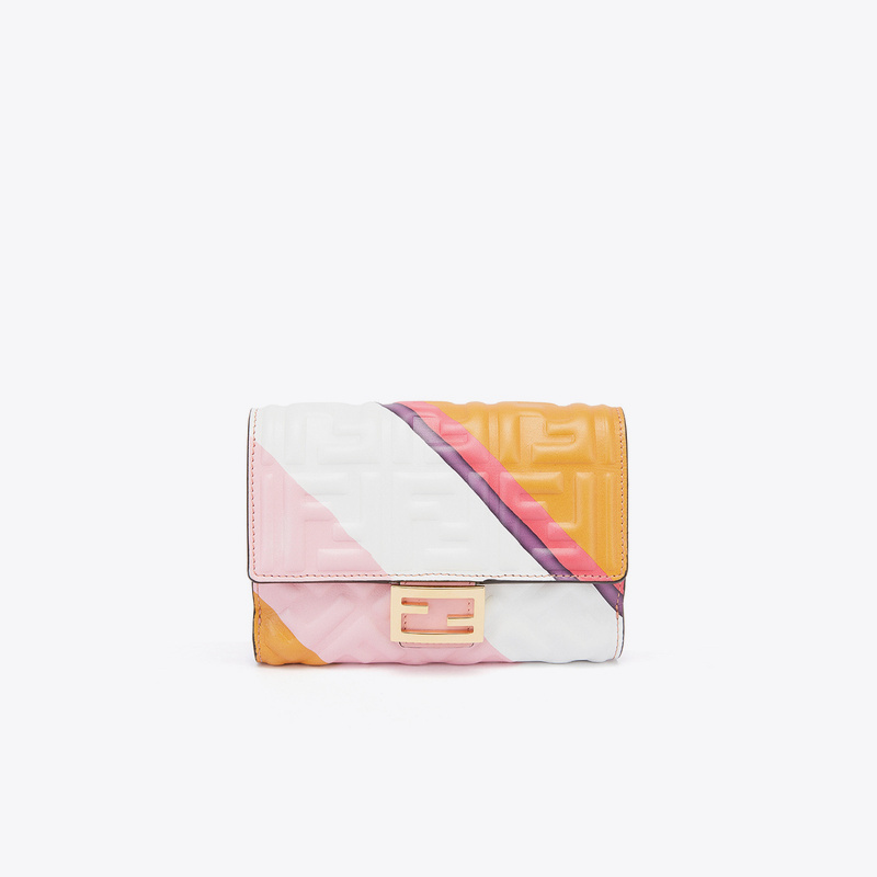 Fendi Women's Short Gold Label Ff Embossed Flip Leather Fashion Portable Card Holder Wallet Card Clip