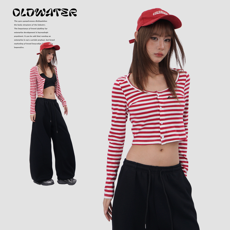European and American Style Hot Girl Crop Top Long-Sleeve Cardigan for Women, Slim Fit, Pure Desire Design, Red and White Striped Jazz Top, Trendy