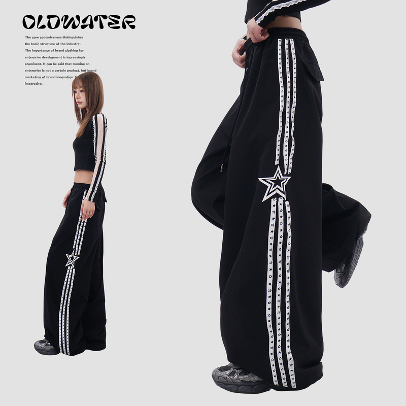 American High Street Three-Stripe Jazz Hip-Hop Sweatpants for Women, Loose Wide-Leg Elastic Waist Trendy Brand Side Stripe Straight Pants