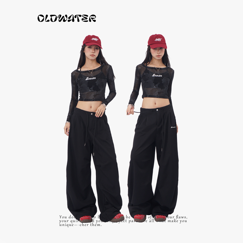 Oldwater Oldwater Drapey Anti-Wrinkle Black Scimitar Long Pants with Double Drawstring Waistband and Small Embroidery Wide-Leg Pants