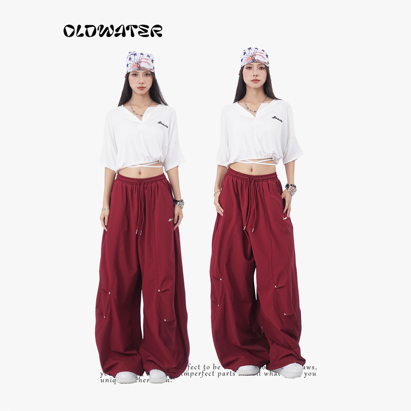 Oldwater Oldwater Retro Burgundy Drawstring Elastic Waist Cargo Pants for Women with Three-Dimensional Rivets Loose Long Pants