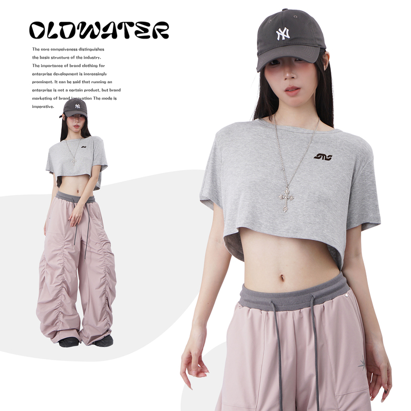 Hot Girl Casual Loose Short Sports Top for Women, Summer Wear, High-Waisted, Midriff-Baring Jazz Dance Outerwear Short-Sleeved Top