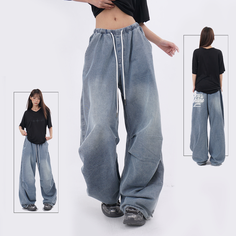 American-Style Washed Light Blue Workwear Jeans for Women, Low-Waisted, Jogger-Style, Loose, Pleated, Jazz Dance, Sports, Parachute Pants