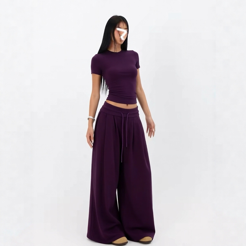 Hot Girl Style Casual Sports Suit for Women, Summer American Style Slim Fit Purple Short-Sleeved T-Shirt, Fashionable Wide-Leg Pants Two-Piece Set Hot Girl Style Casual Sports Suit for Women, Summer American Style Slim Fit Purple Short-Sleeved T-Shirt, Fashionable Wide-Leg Pants Two-Piece Set