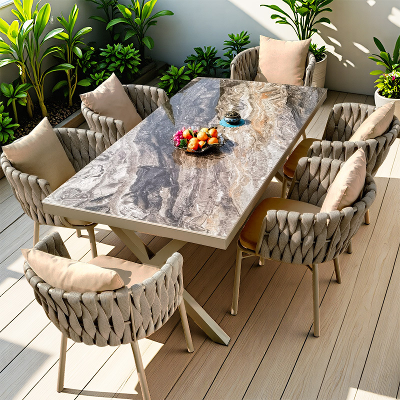 Nordic Outdoor Tables and Chairs Courtyard Garden Outdoor Terrace Leisure Furniture Rattan Aluminum Alloy Slate Table and Chair Combination