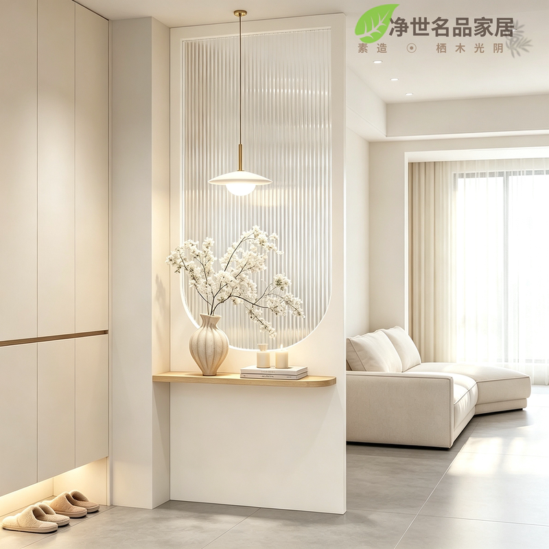 French-Style Cream-Colored Solid Wood Long Rainbow Glass Screen for Living Room Entrance Partition, Bedroom, Washbasin, Bathroom Cabinet Cover