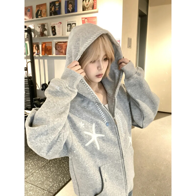 Embroidered Hooded Sweatshirt for Women with Zipper, 2026 New American Style Cardigan Jacket, Loose Casual Trendy Brand Top for Men and Women