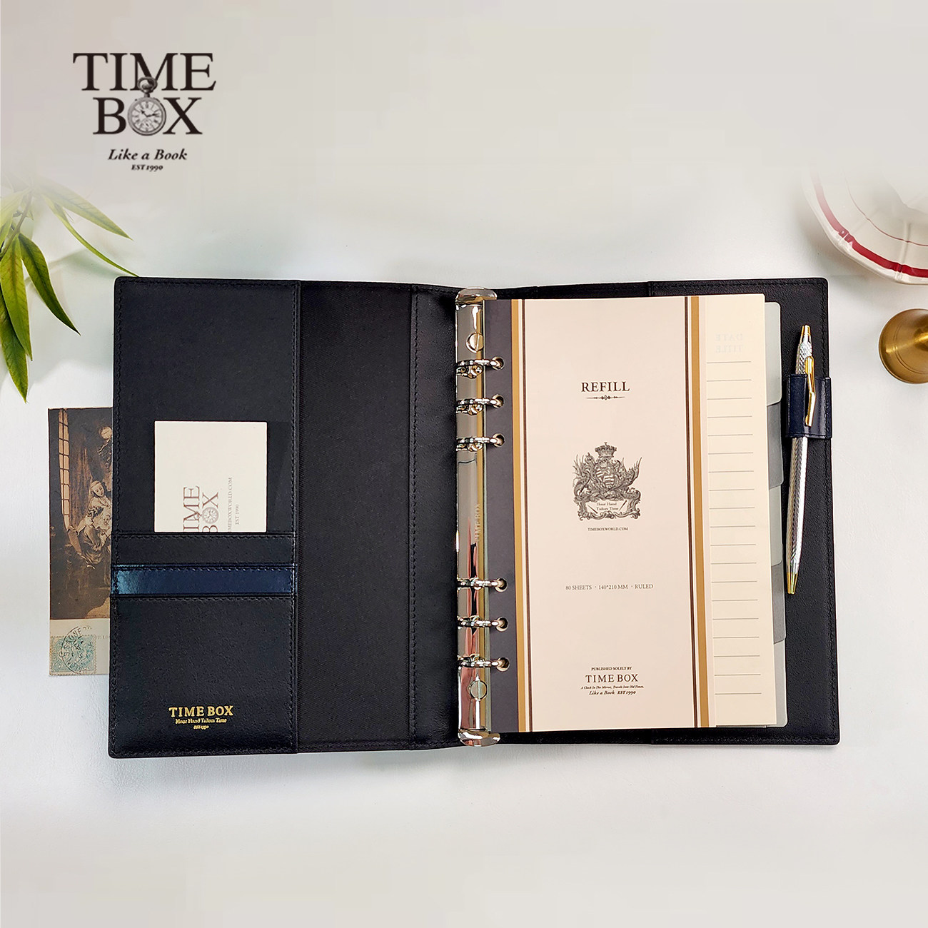 TIMEBOX精品意大利牛皮活页A5中号简约办公工作会议记录日本米黄道林纸可替换内芯礼盒装企业礼品