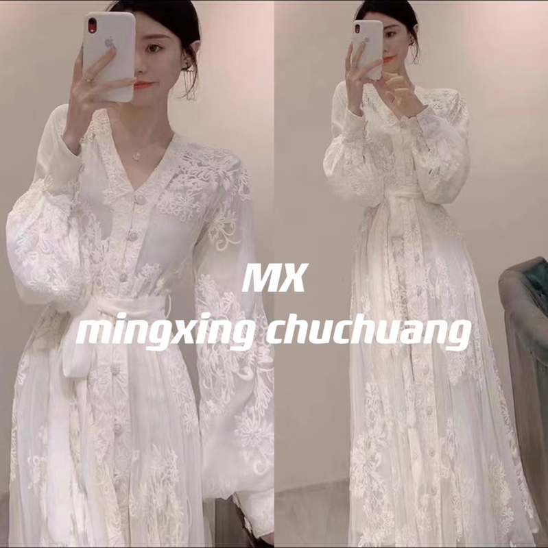 French-Style First Love Lace Embroidered White Long-Sleeved Dress, Autumn Elegant Goddess Style Socialite Fairy Dress Long Dress