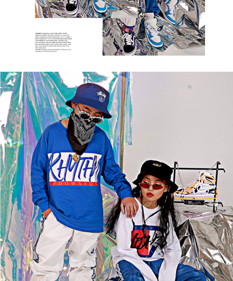 Vũ trường trẻ em hip hop đường phố nhảy màu xanh và trắng quần dài tay trang phục áo bông trẻ em hiphop lỏng thủy triều - Trang phục shop quần áo trẻ em gần đây