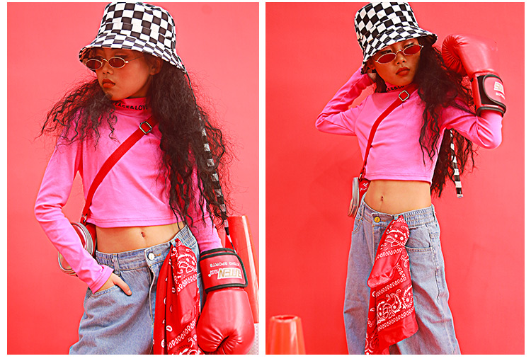 Xi Dance Hall Girls Jazz Dance Trang phục Nữ Thiếu nhi Trình diễn Dew Navel Street Dance Jazz Pink Áo Châu Âu - Trang phục áo len bé trai