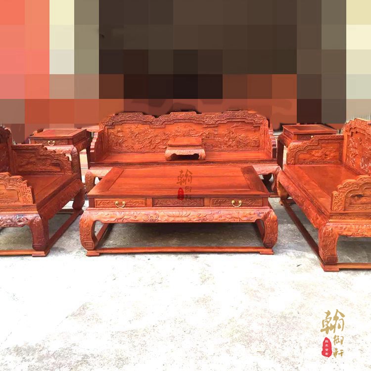 Sofa Mahogany gỗ hồng mộc Miến chạm khắc sofa ngai sen 1 + 2 + 3 sáu mảnh lớn bằng gỗ hồng mộc nội thất phòng khách - Bộ đồ nội thất giường ngủ hiện đại