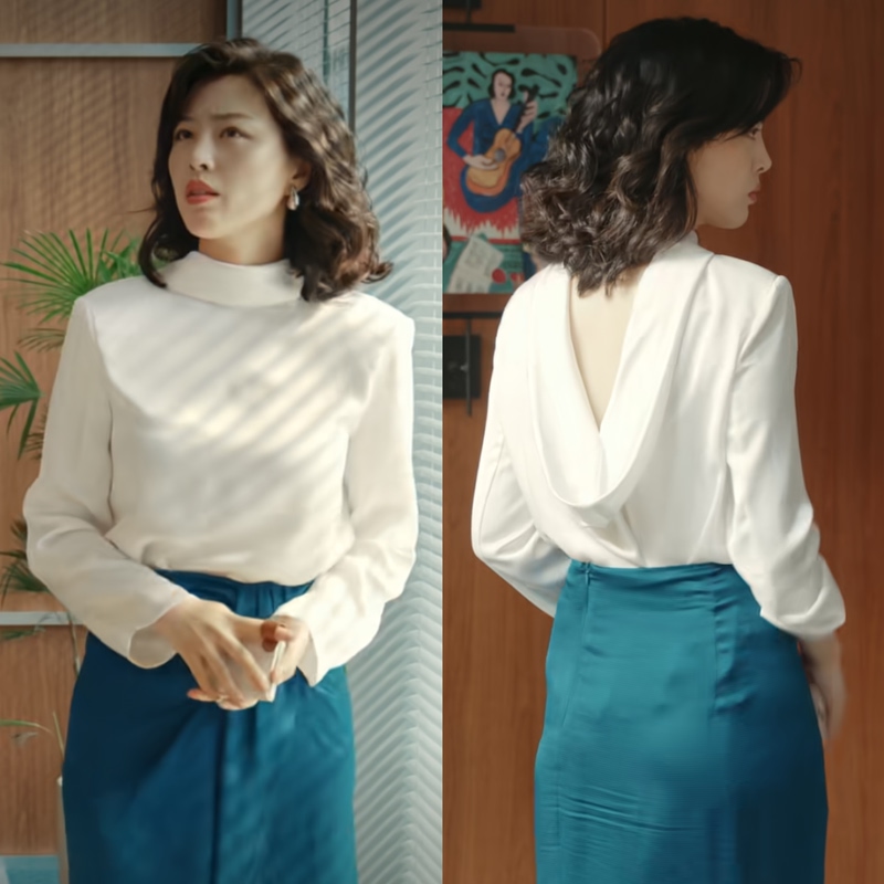 In Stock: Her Shengyan Chenxi Same Style White Satin Shirt, Faux Silk, Draped Collar, Backless Top, Long Sleeve Design