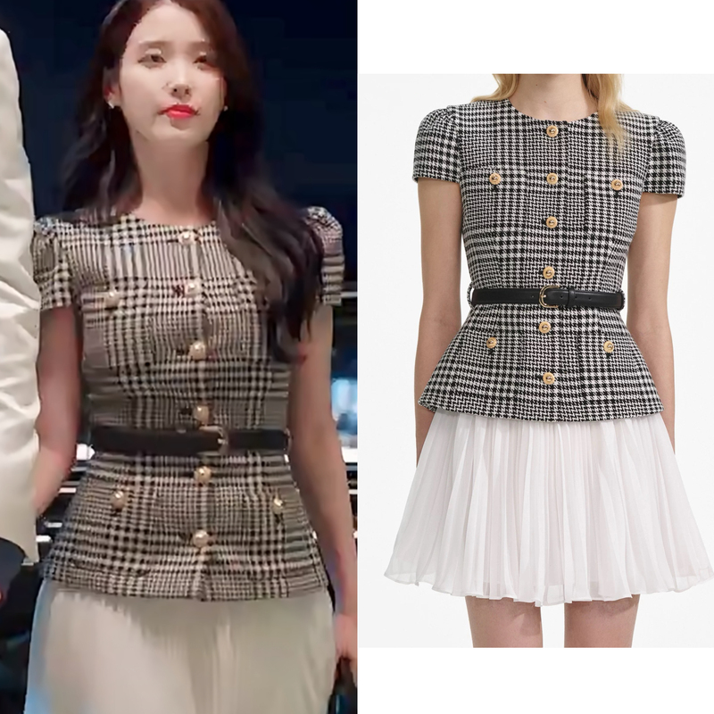 21St Century Maharajah's Wife Iu Lee Ji-Eun's Same Style Houndstooth Dress with Pleated Skirt, Fake Two-Piece Short Skirt for Summer